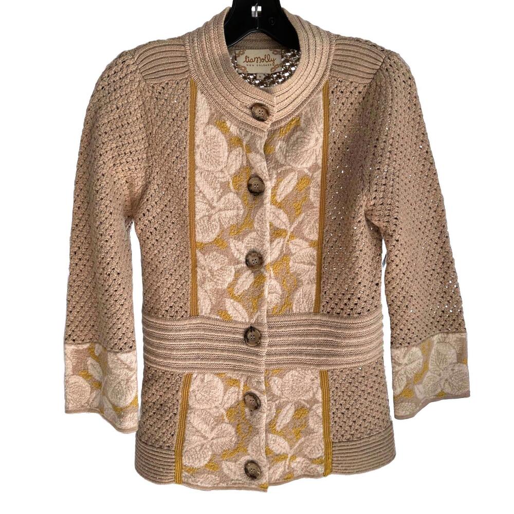 Lia Molly Anthropologie Aestival Yellow Tan Wool Blend  Knit Cardigan Sweater-M